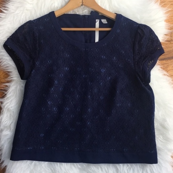 LC Lauren Conrad Navy Blue Lace Bow Back Top - Picture 1 of 3